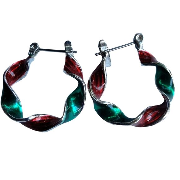 Red Green Enamel Hoop Earrings Emerald Vintage Holiday Christmas Jewelry - Picture 1 of 4